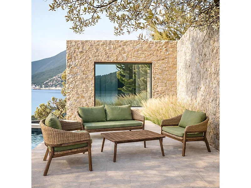 Now's Home - Salon Jardin Bois Acacia Resine Tresse Coussins Tissu Kaki Alhambra