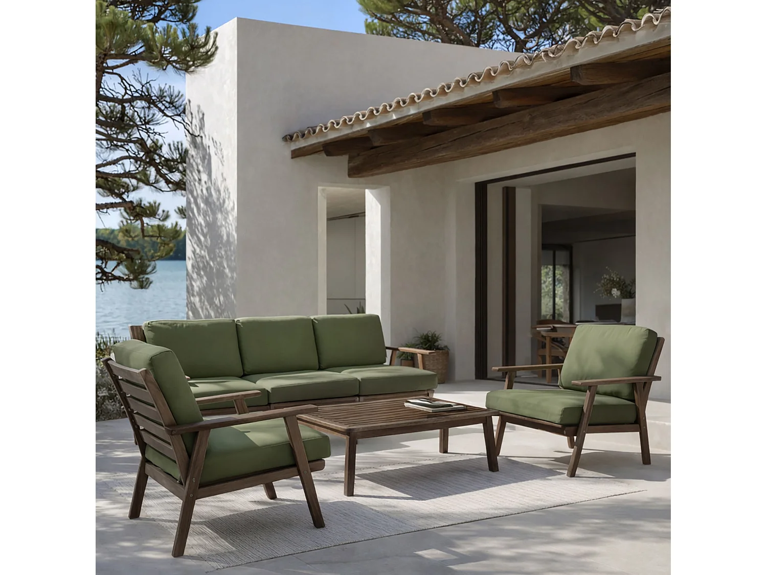 Now's Home - Salon De Jardin En Bois D' Acacia  Avec Coussins Kaki 5 Places Palau