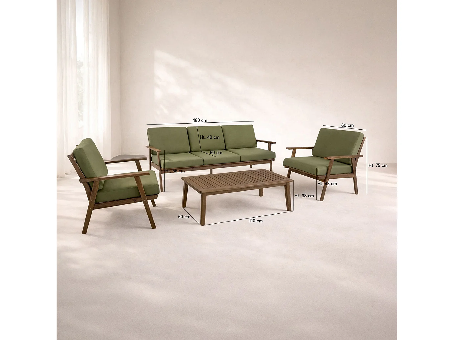 Now's Home - Salon De Jardin En Bois D' Acacia  Avec Coussins Kaki 5 Places Palau