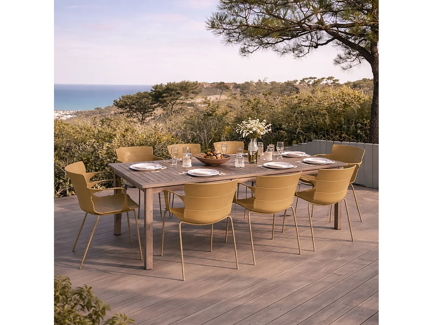 Now's Home - Salon De Jardin Table En Bois D'acacia 220cm Et 8 Fauteuils En Polypropylene Ocre Montauk