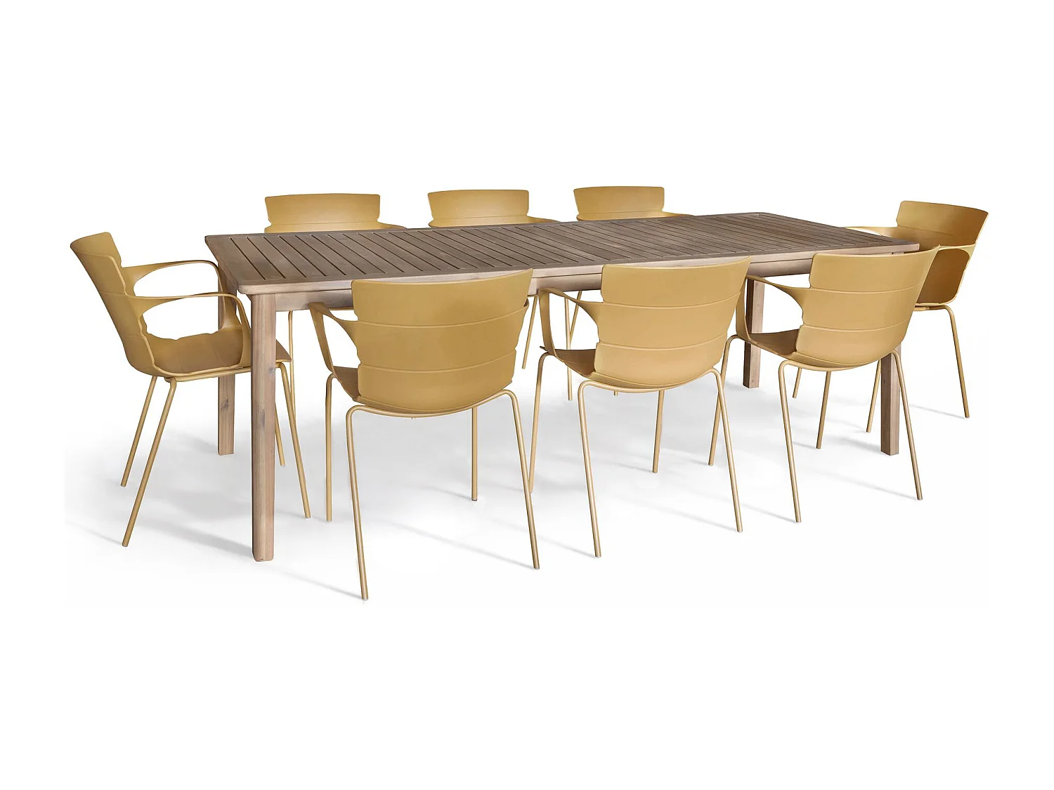 Now's Home - Salon De Jardin Table En Bois D'acacia 220cm Et 8 Fauteuils En Polypropylene Ocre Montauk