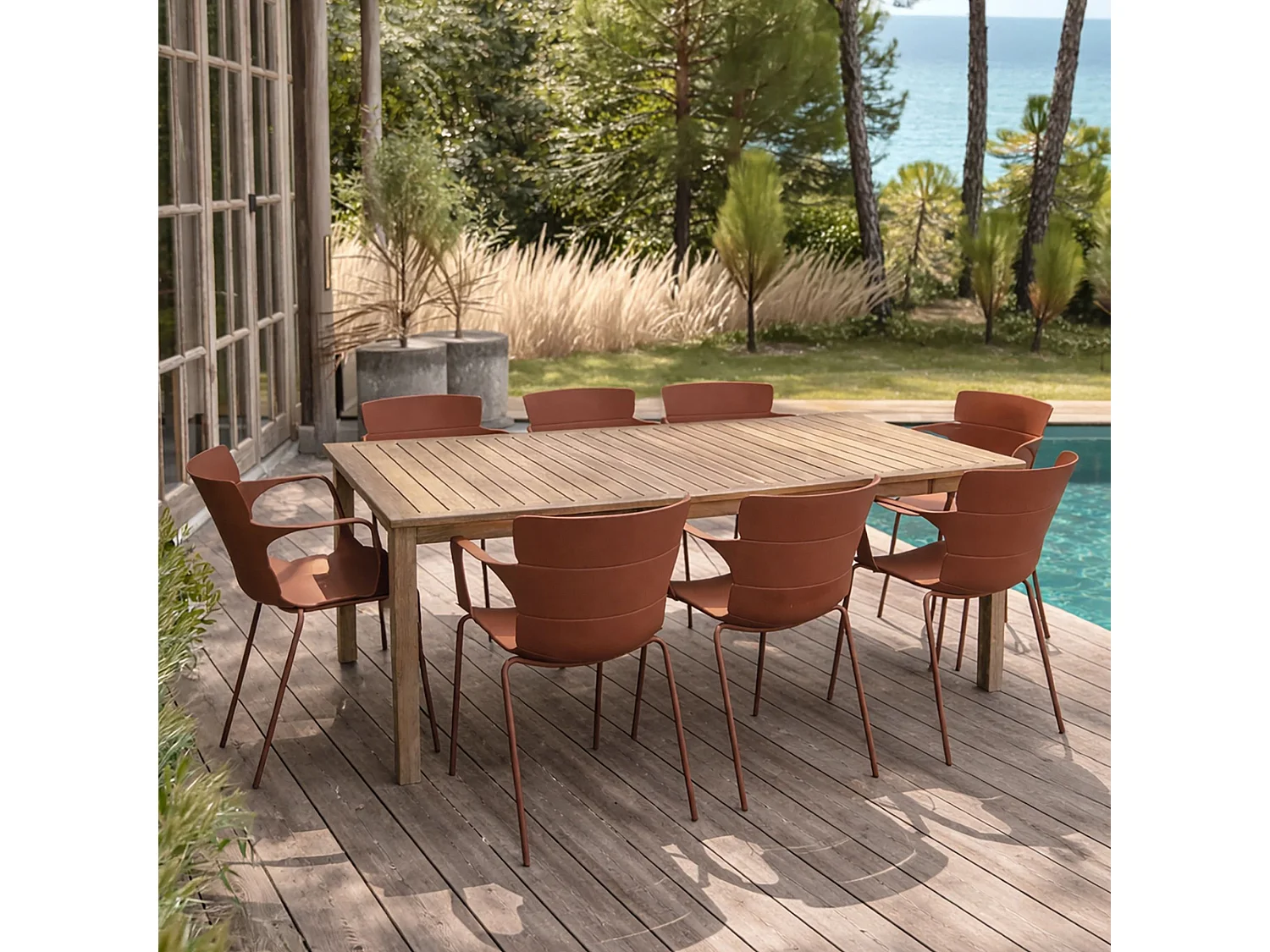 Now's Home - Salon De Jardin Table En Bois D'acacia 220cm Et 8 Fauteuils En Polypropylene Brique Montauk