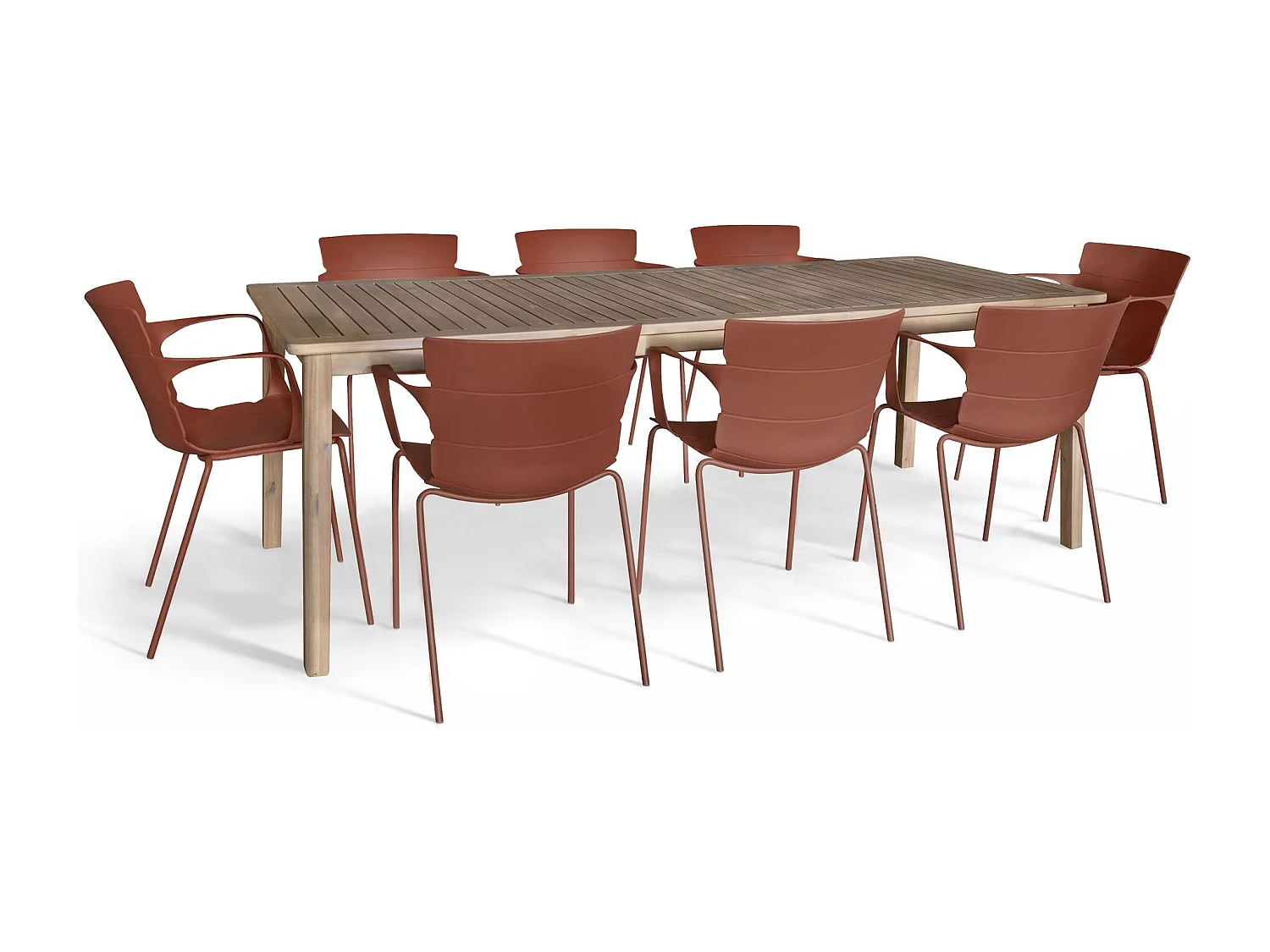 Now's Home - Salon De Jardin Table En Bois D'acacia 220cm Et 8 Fauteuils En Polypropylene Brique Montauk