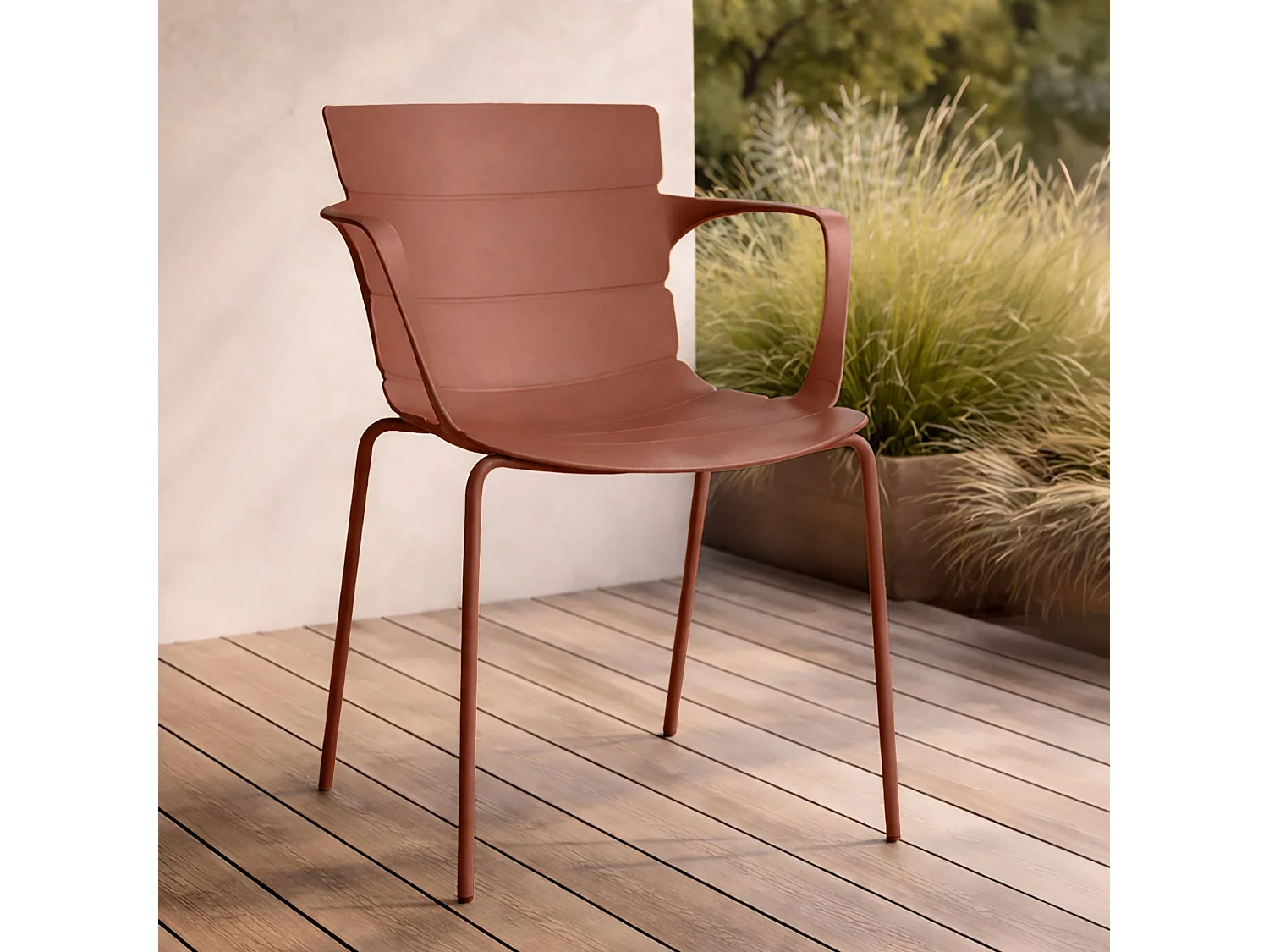 Now's Home - Salon De Jardin Table En Bois D'acacia 220cm Et 8 Fauteuils En Polypropylene Brique Montauk