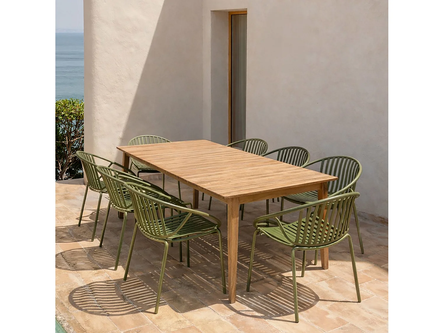 Now's Home - Salon De Jardin Table En Bois D'acacia 220cm Et 8 Fauteuils En Polypropylene Vert Calypso