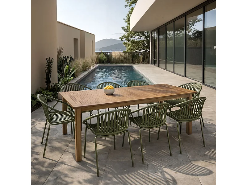 Now's Home - Salon De Jardin Table En Bois D'acacia 220cm Et 8 Fauteuils En Polypropylene Vert Calypso