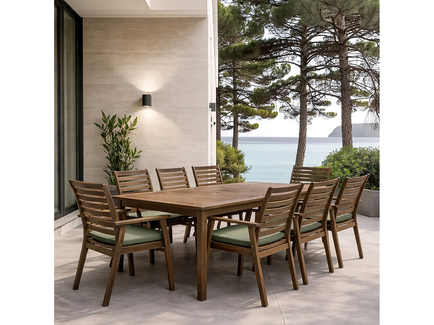 Now's Home - Salon De Jardin Table 220cm Et 8 Fauteuils En Bois D'acacia Et Tissu Palau