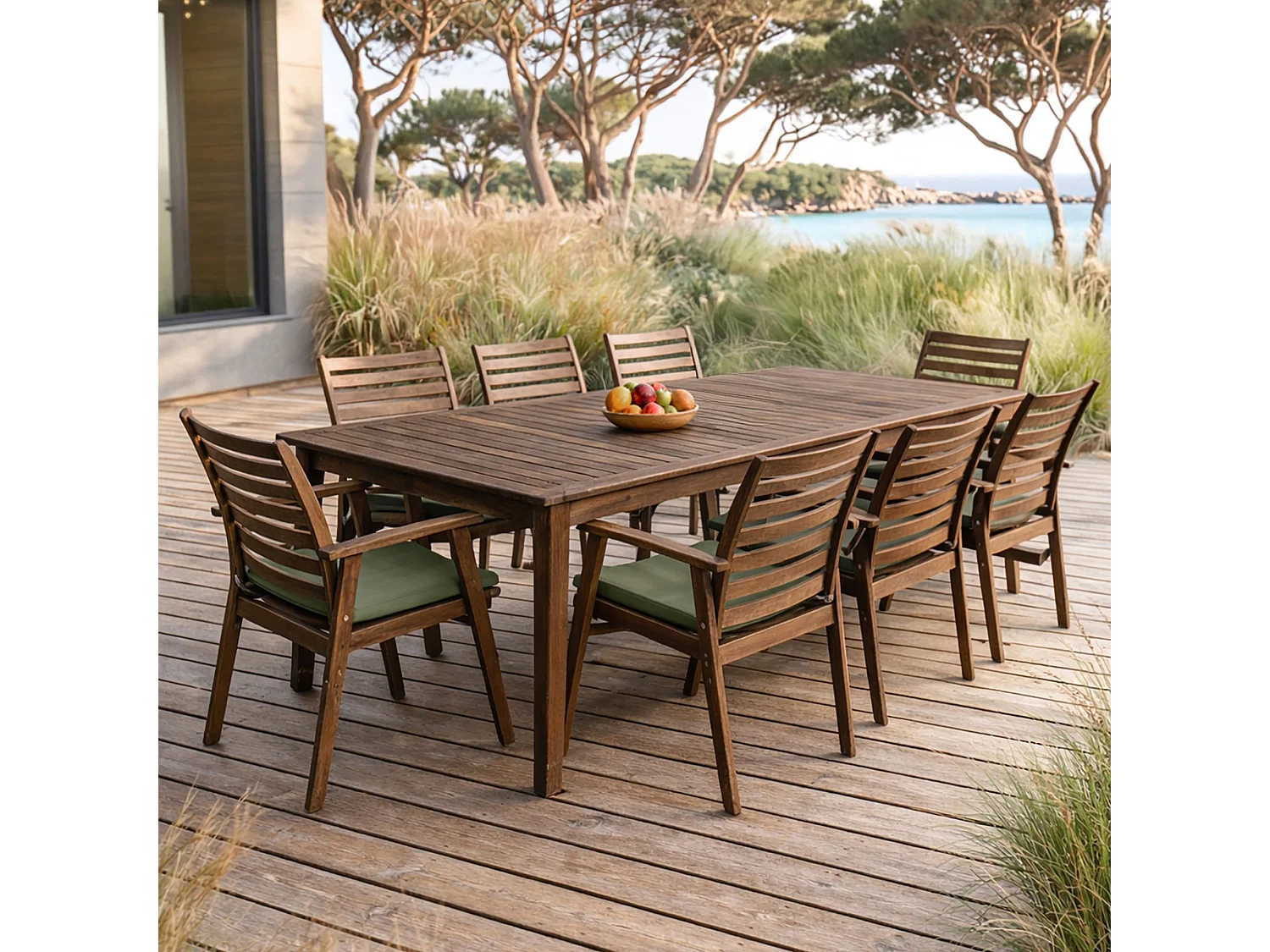 Now's Home - Salon De Jardin Table 220cm Et 8 Fauteuils En Bois D'acacia Et Tissu Palau