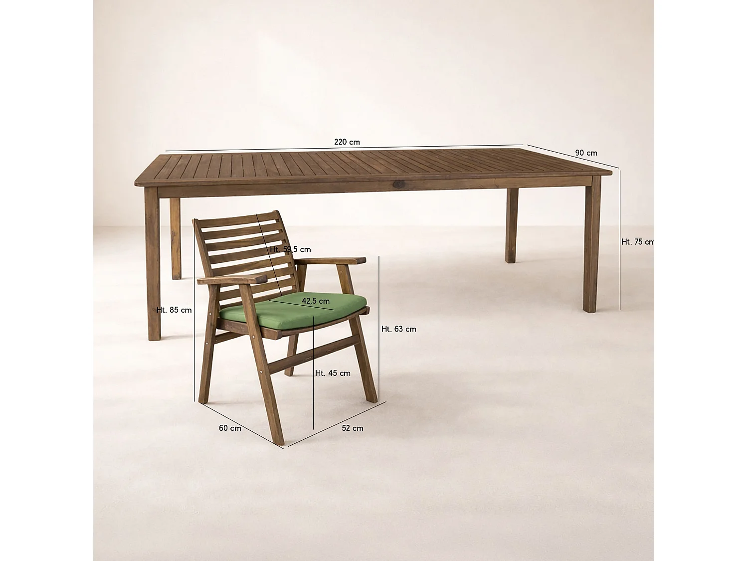 Now's Home - Salon De Jardin Table 220cm Et 8 Fauteuils En Bois D'acacia Et Tissu Palau