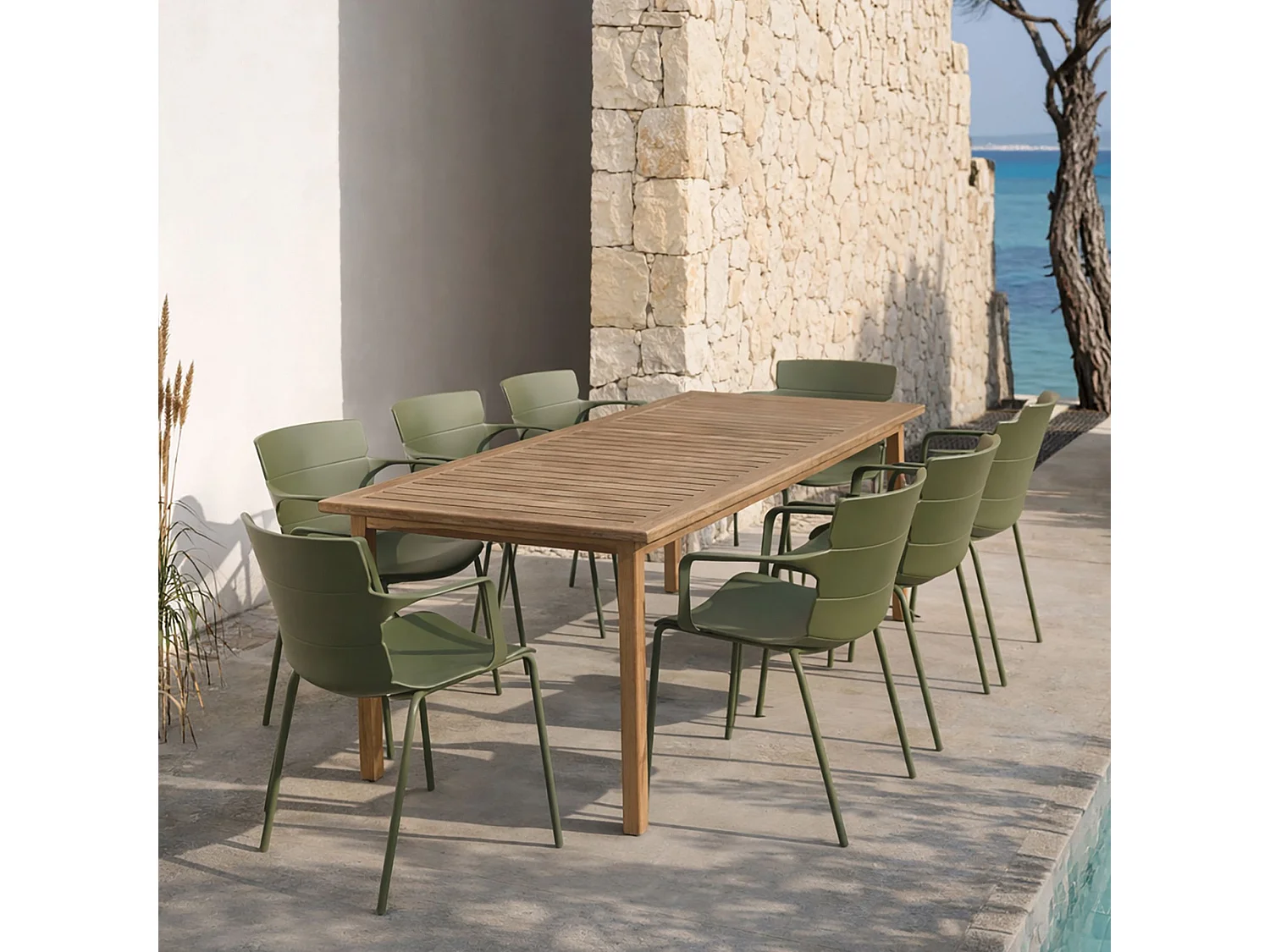 Now's Home - Salon De Jardin Table En Bois D'acacia 220cm Et 8 Fauteuils En Polypropylene Vert Montauk