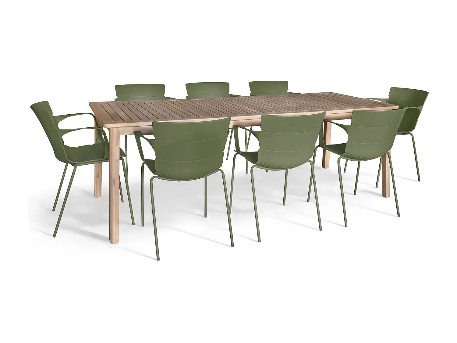 Now's Home - Salon De Jardin Table En Bois D'acacia 220cm Et 8 Fauteuils En Polypropylene Vert Montauk