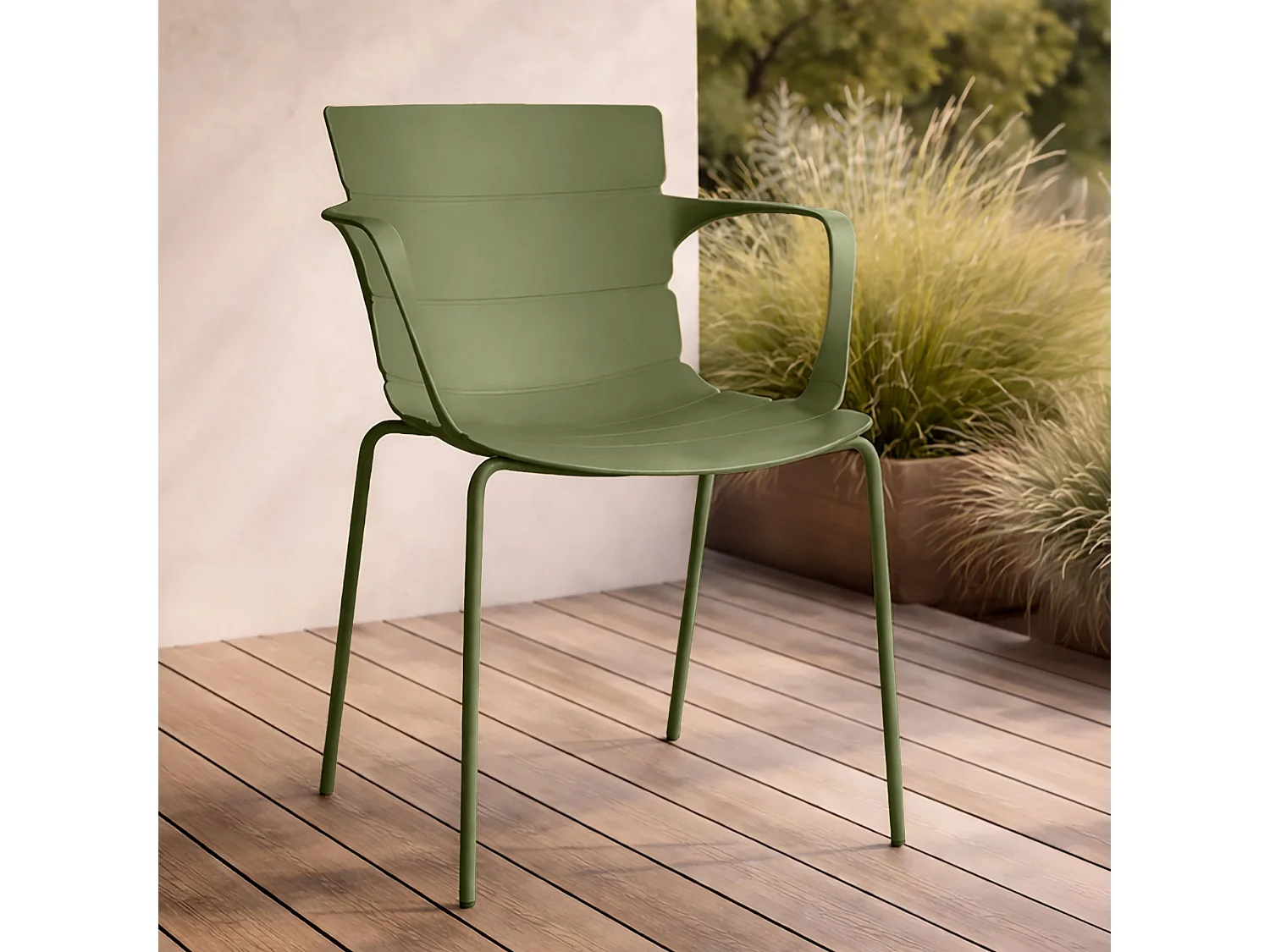Now's Home - Salon De Jardin Table En Bois D'acacia 220cm Et 8 Fauteuils En Polypropylene Vert Montauk