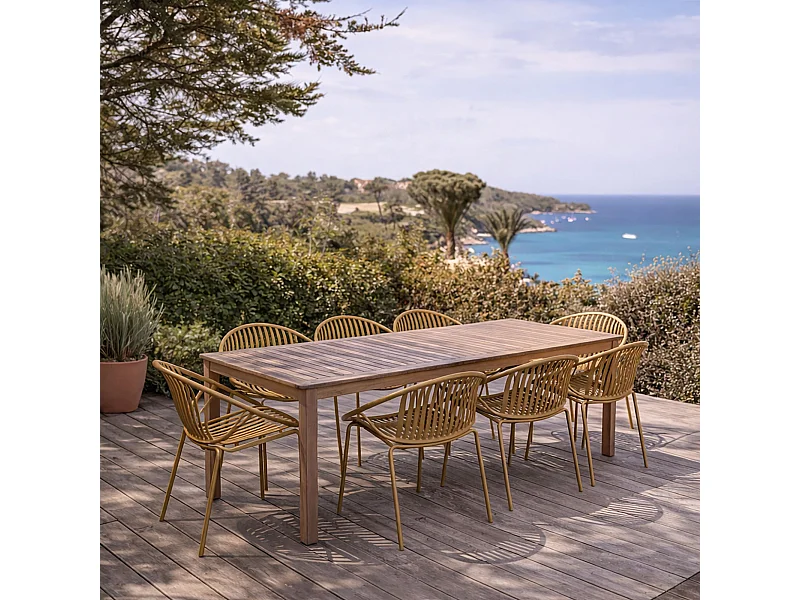 Now's Home - Salon De Jardin Table En Bois D'acacia 220cm Et 8 Fauteuils En Polypropylene Ocre Calypso