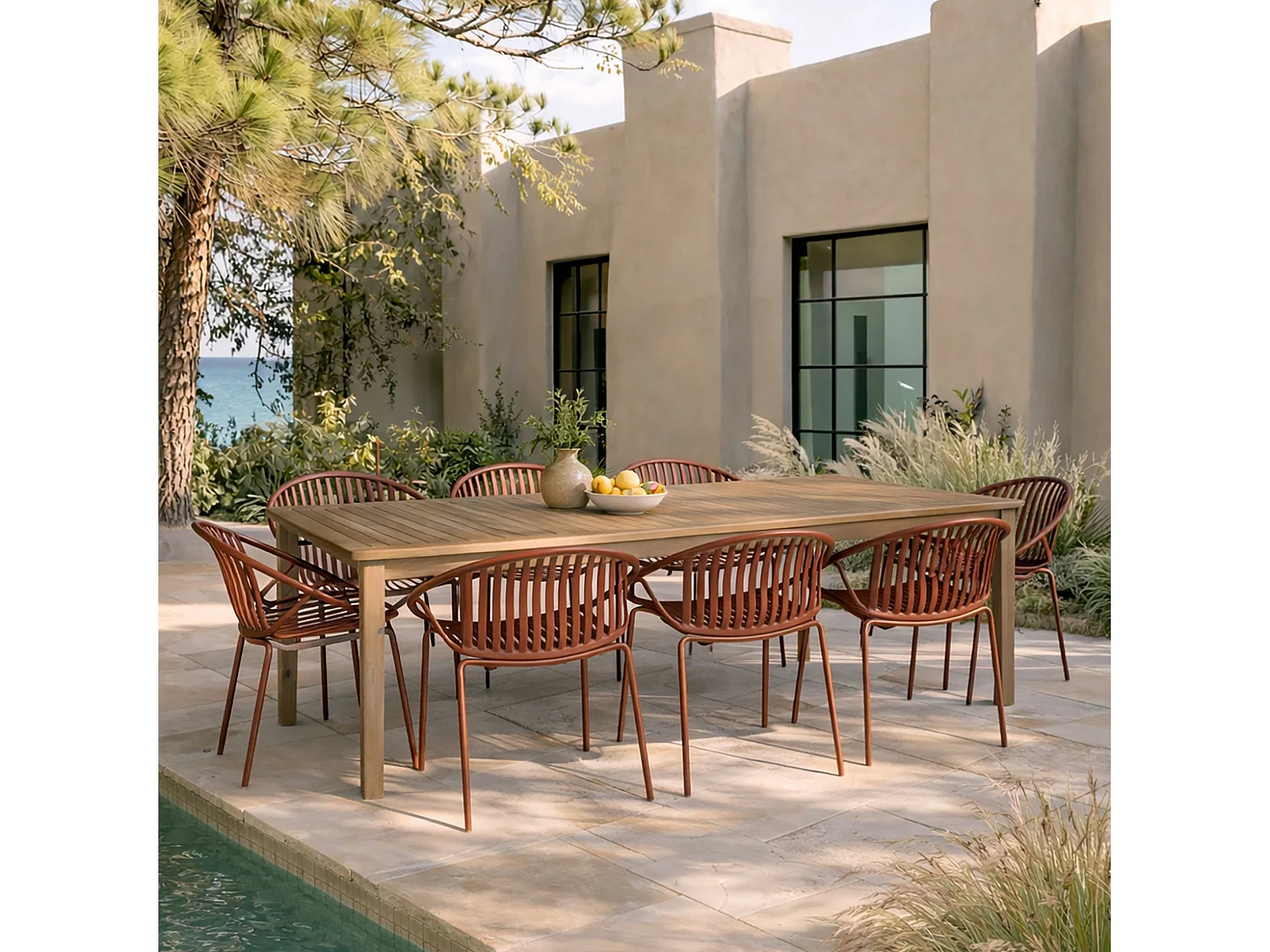 Now's Home - Salon De Jardin Table En Bois D'acacia 220cm Et 8 Fauteuils En Polypropylene Brique Calypso