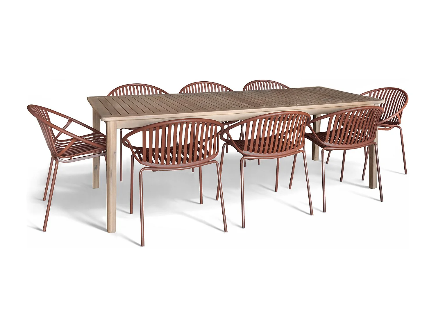 Now's Home - Salon De Jardin Table En Bois D'acacia 220cm Et 8 Fauteuils En Polypropylene Brique Calypso
