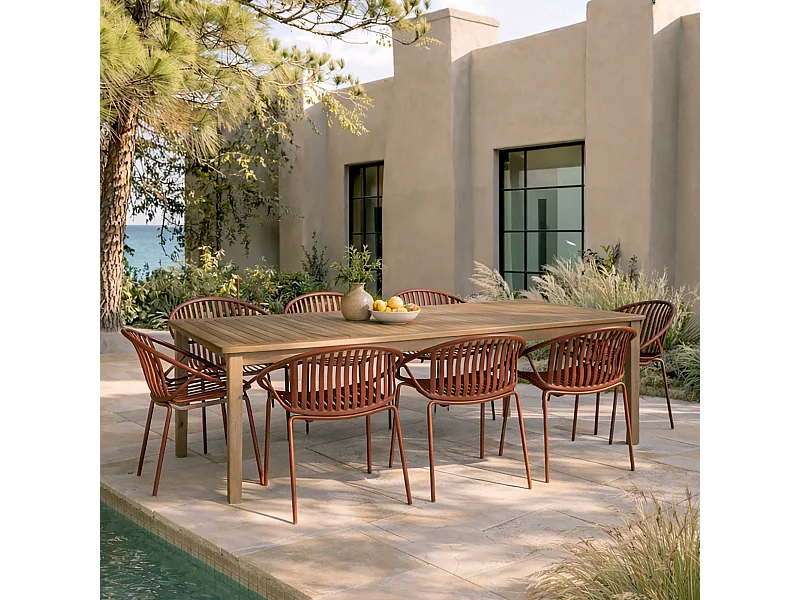 Now's Home - Salon De Jardin Table En Bois D'acacia 220cm Et 8 Fauteuils En Polypropylene Brique Calypso
