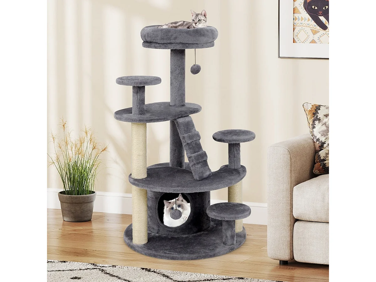 Klein Kratzbaum mit Katzenhöhle & Ball & Leiter Holz Katzenbaum Katzenkratzbaum Grau