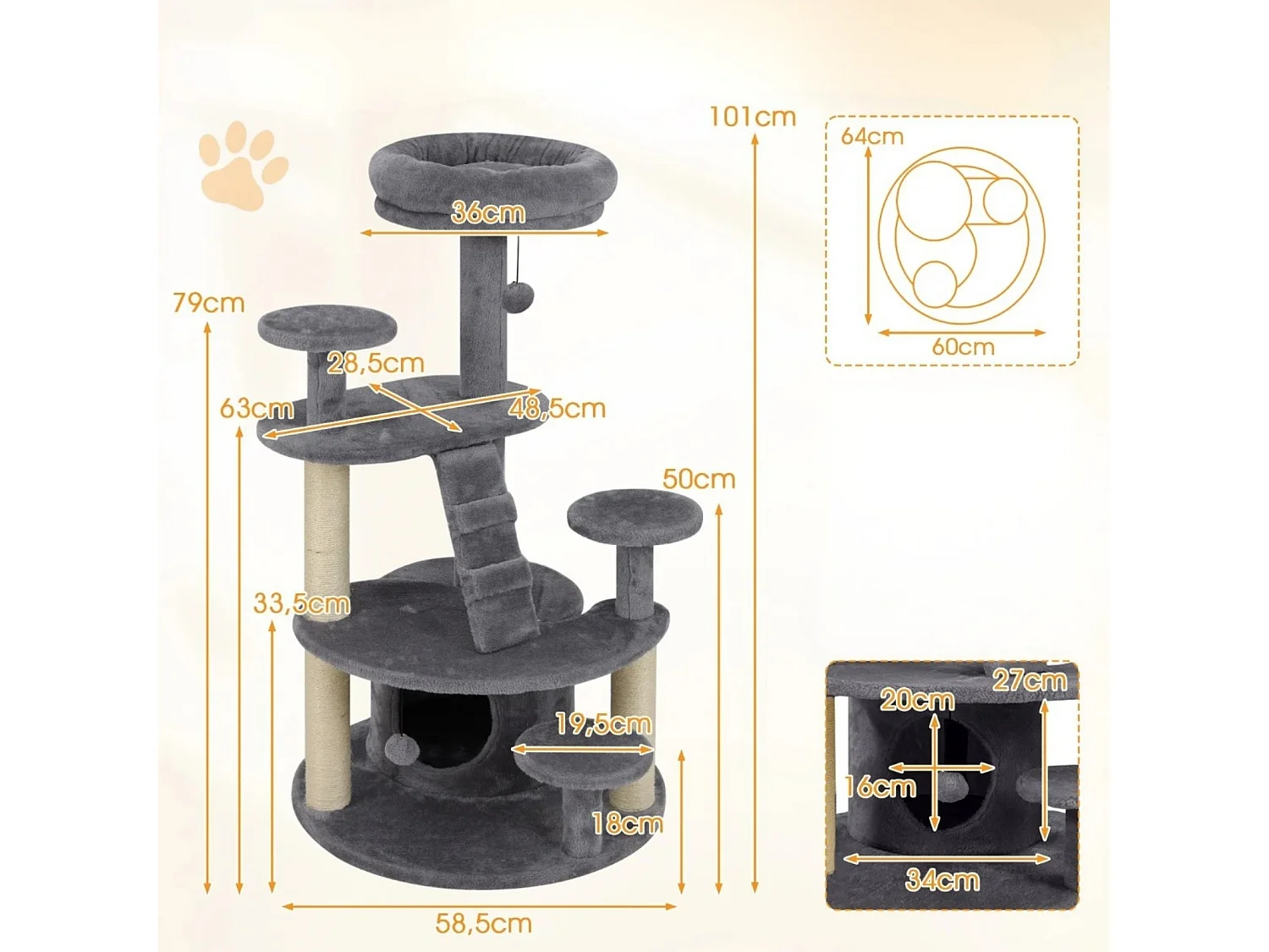 Klein Kratzbaum mit Katzenhöhle & Ball & Leiter Holz Katzenbaum Katzenkratzbaum Grau