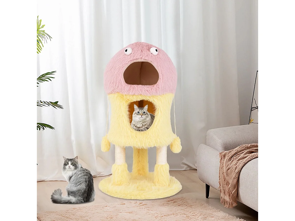 Albero per gatti con piuma morbida e lunga palo per graffio in sisal, Adorabile torre di gatti a tema mostro Rosa