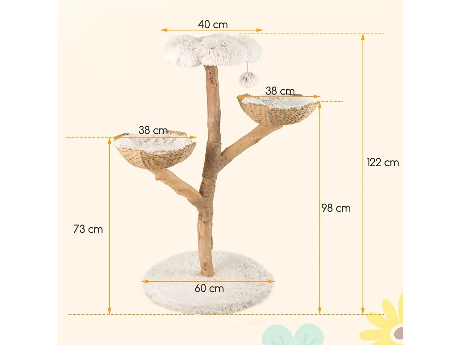 Torre per gattini alta 122 CM con ramo in legno con piattaforma a fiore 2 cesti in rattan, Moderno albero per gatti Bianco