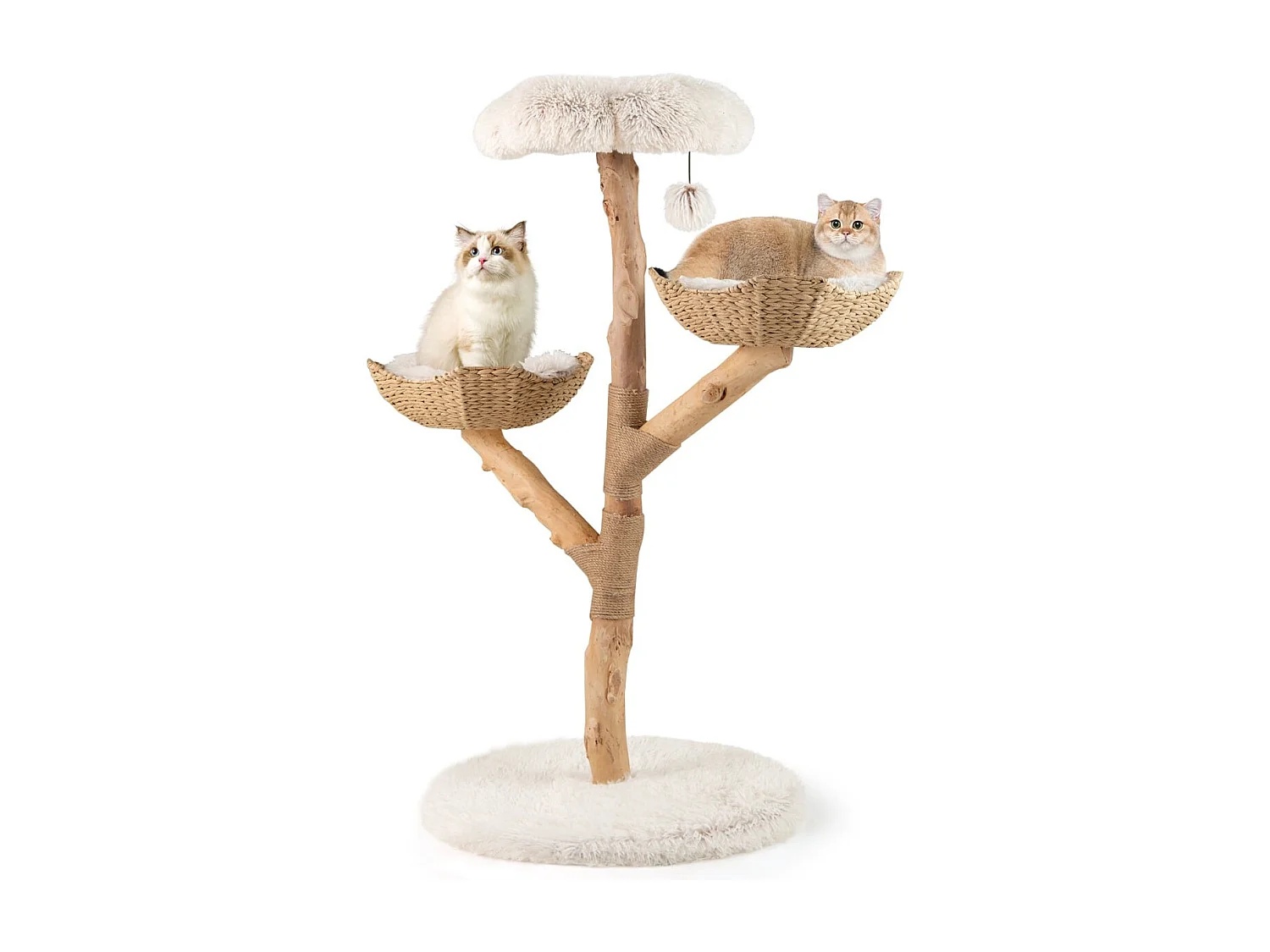 Torre per gattini alta 122 CM con ramo in legno con piattaforma a fiore 2 cesti in rattan, Moderno albero per gatti Bianco