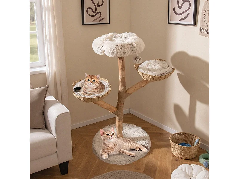 Torre per gattini alta 122 CM con ramo in legno con piattaforma a fiore 2 cesti in rattan, Moderno albero per gatti Bianco