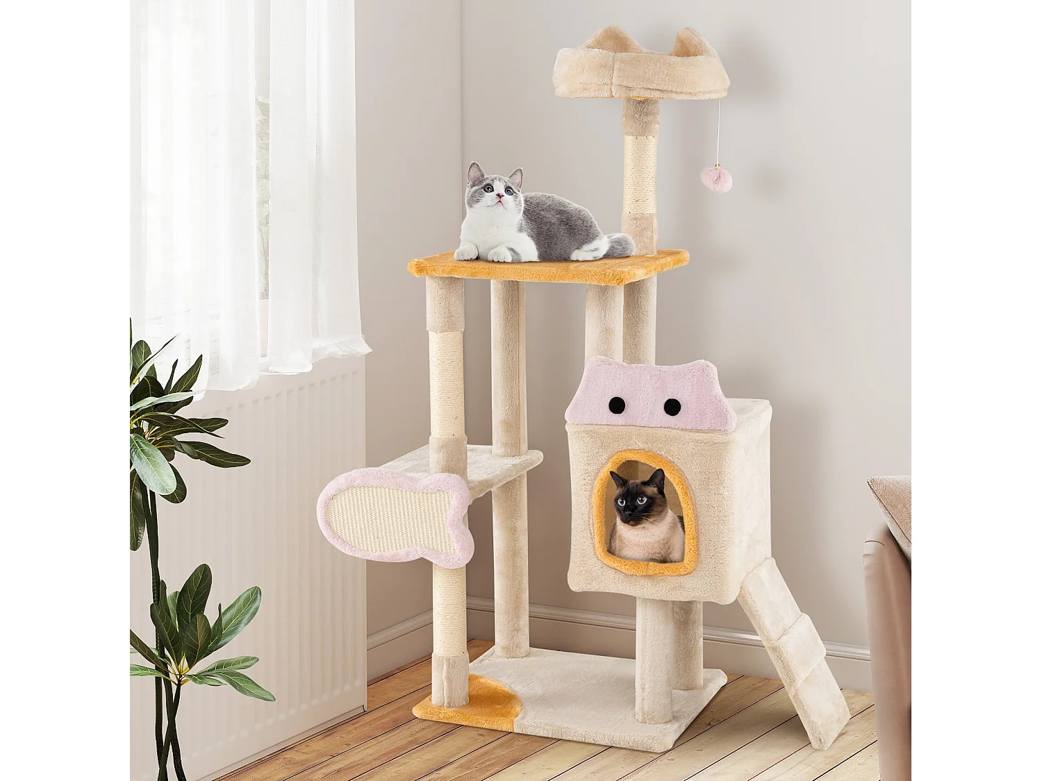 Klein Kratzbaum mit Fischförmigem Kratzbrett Holz Katzenbaum Katzenkratzbaum Kletterbaum