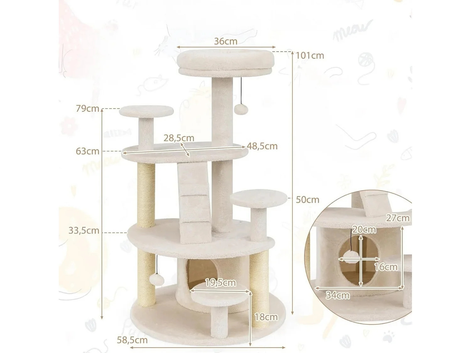 Piccolo tiragraffi con grotta per gatti, palla e scala Albero di legno per gatti Tiragraffi per gatti Beige