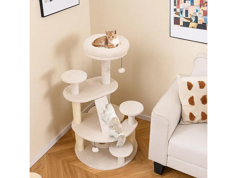 Piccolo tiragraffi con grotta per gatti, palla e scala Albero di legno per gatti Tiragraffi per gatti Beige