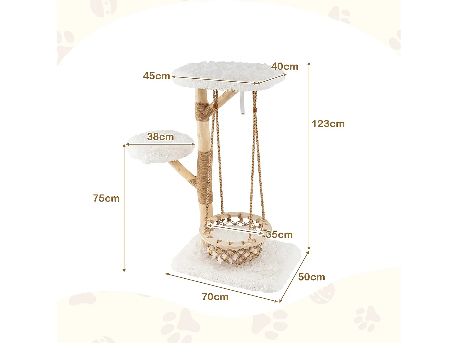 Arbre à Chat avec Balançoire Hamac Branches en Bois Véritable Poteaux à Gratter en Jute 2 Perchoirs Plateforme Centre d'Activité Blanc