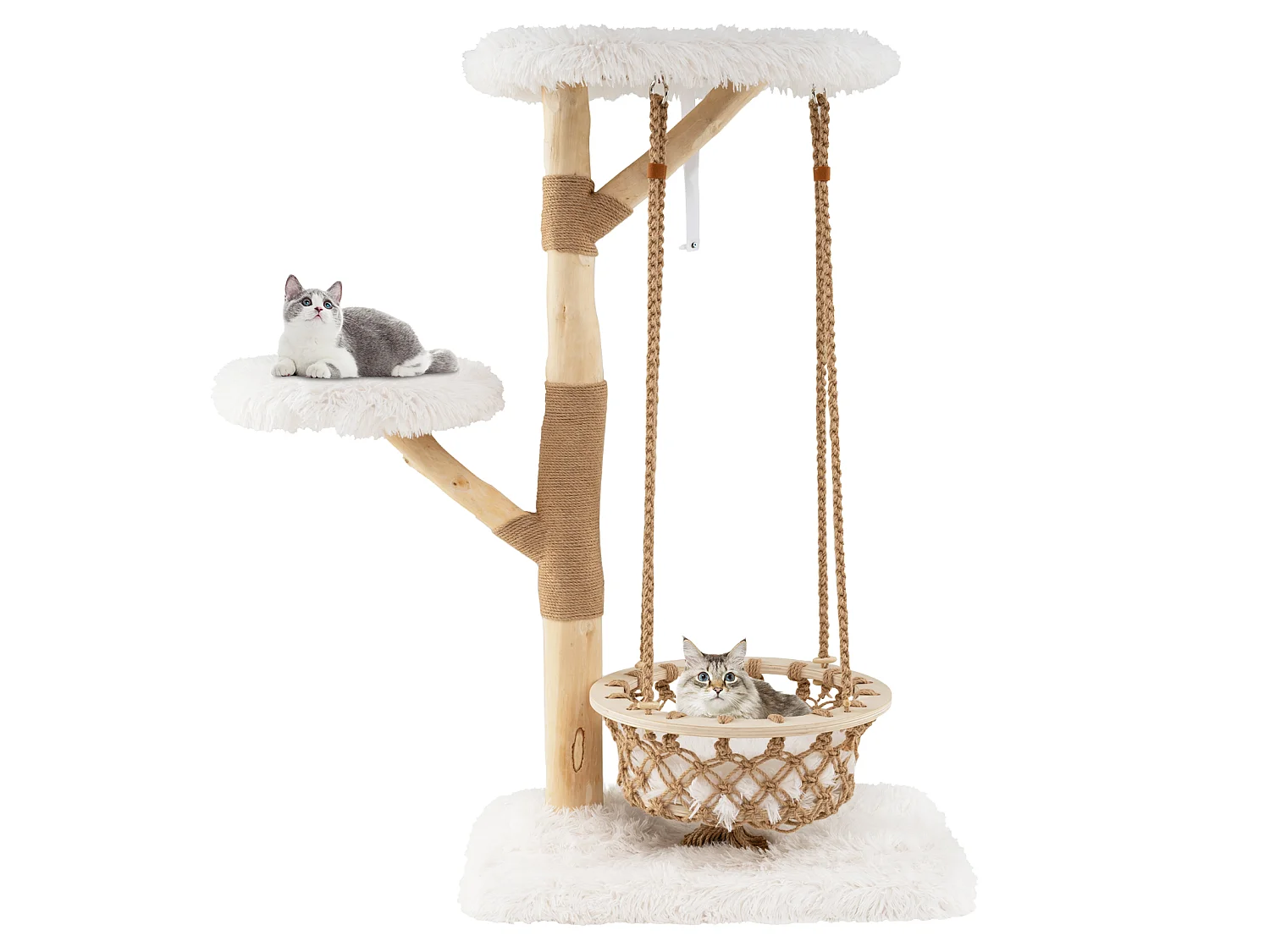 Arbre à Chat avec Balançoire Hamac Branches en Bois Véritable Poteaux à Gratter en Jute 2 Perchoirs Plateforme Centre d'Activité Blanc