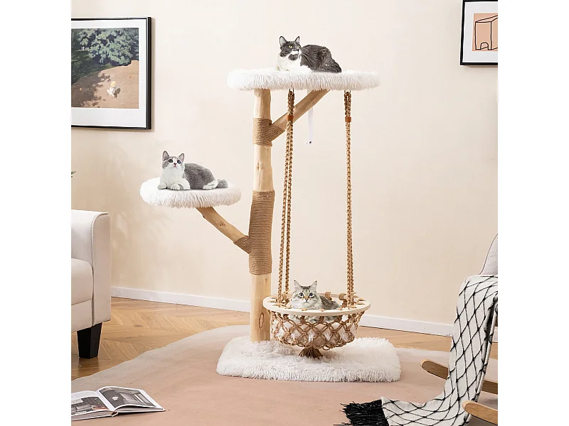 Albero per gatti da 123 cm con cesto per appendere, torre per arrampicarsi e rami in legno vero Albero per gatti