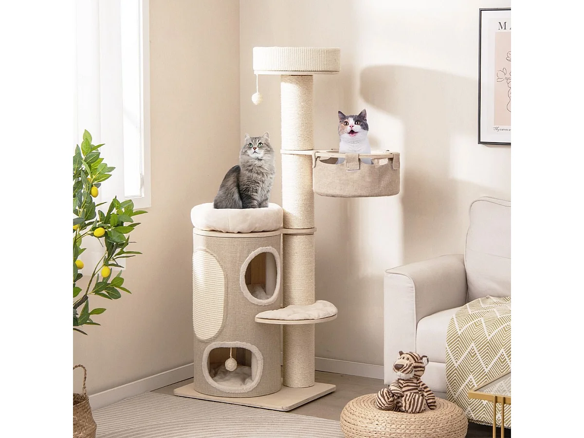 Albero per gatti da 154cm per gatti interni, Torre per gatti multi-livello con condominio a 2 piani Naturale