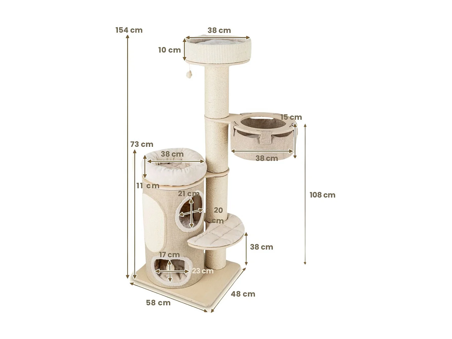 Albero per gatti da 154cm per gatti interni, Torre per gatti multi-livello con condominio a 2 piani Naturale