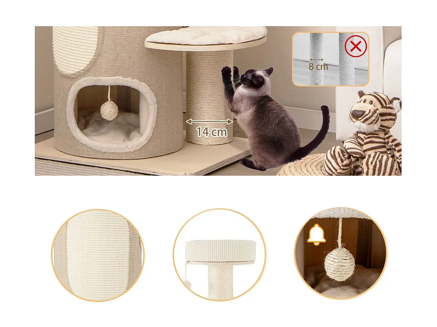 Albero per gatti da 154cm per gatti interni, Torre per gatti multi-livello con condominio a 2 piani Naturale