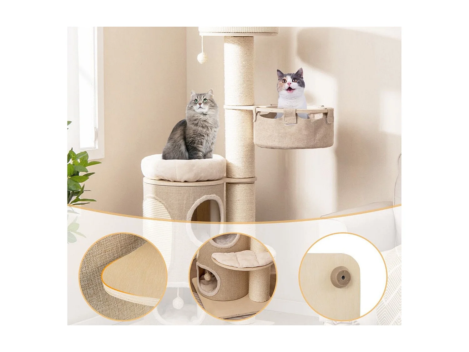 Albero per gatti da 154cm per gatti interni, Torre per gatti multi-livello con condominio a 2 piani Naturale