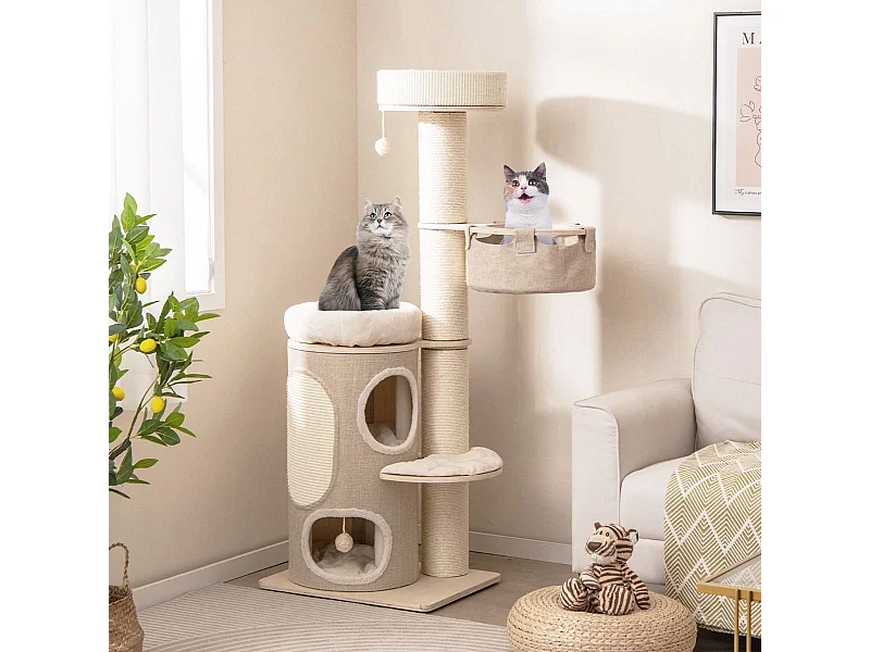 Albero per gatti da 154cm per gatti interni, Torre per gatti multi-livello con condominio a 2 piani Naturale