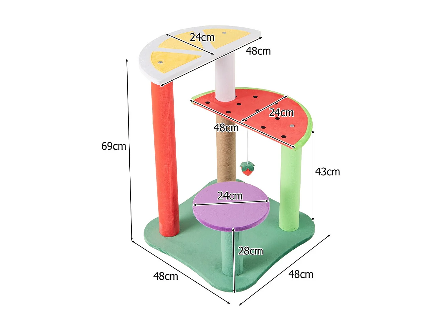 Albero per gatti da 69cm con piattaforme a forma di frutta, Torre per gatti carino con posto per graffiare