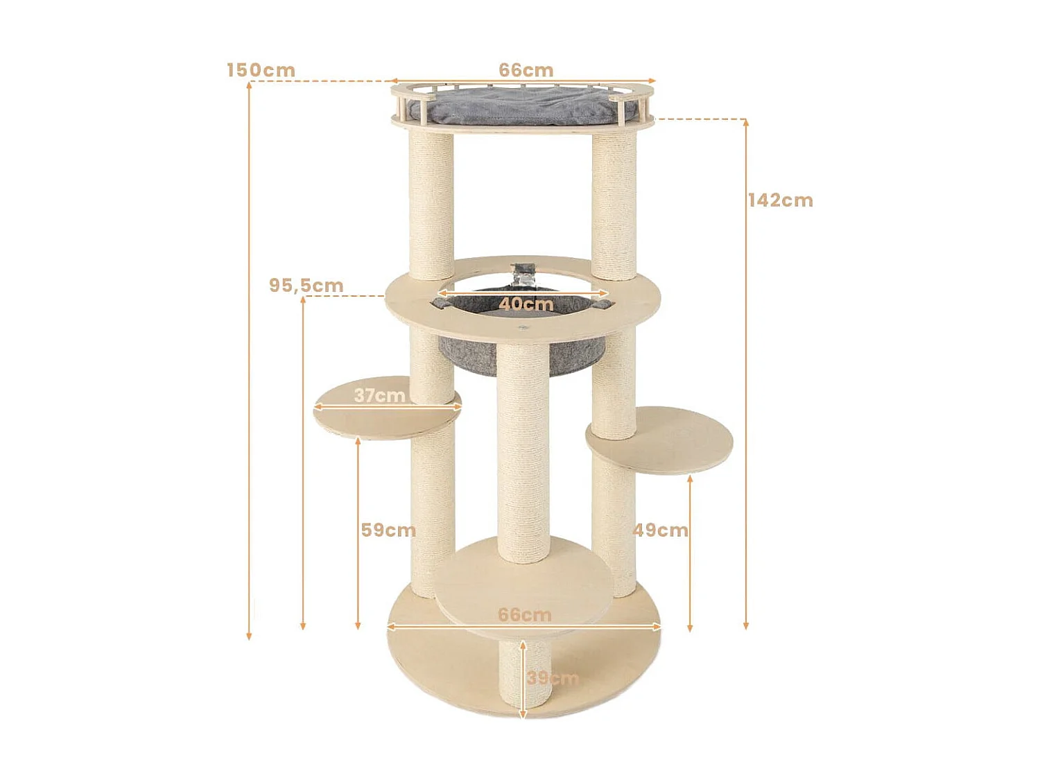 Albero per gatti in legno a 6 livelli, Torre per gatti con panchina imbottita amaca tiragraffi avvolto in sisal Grigio