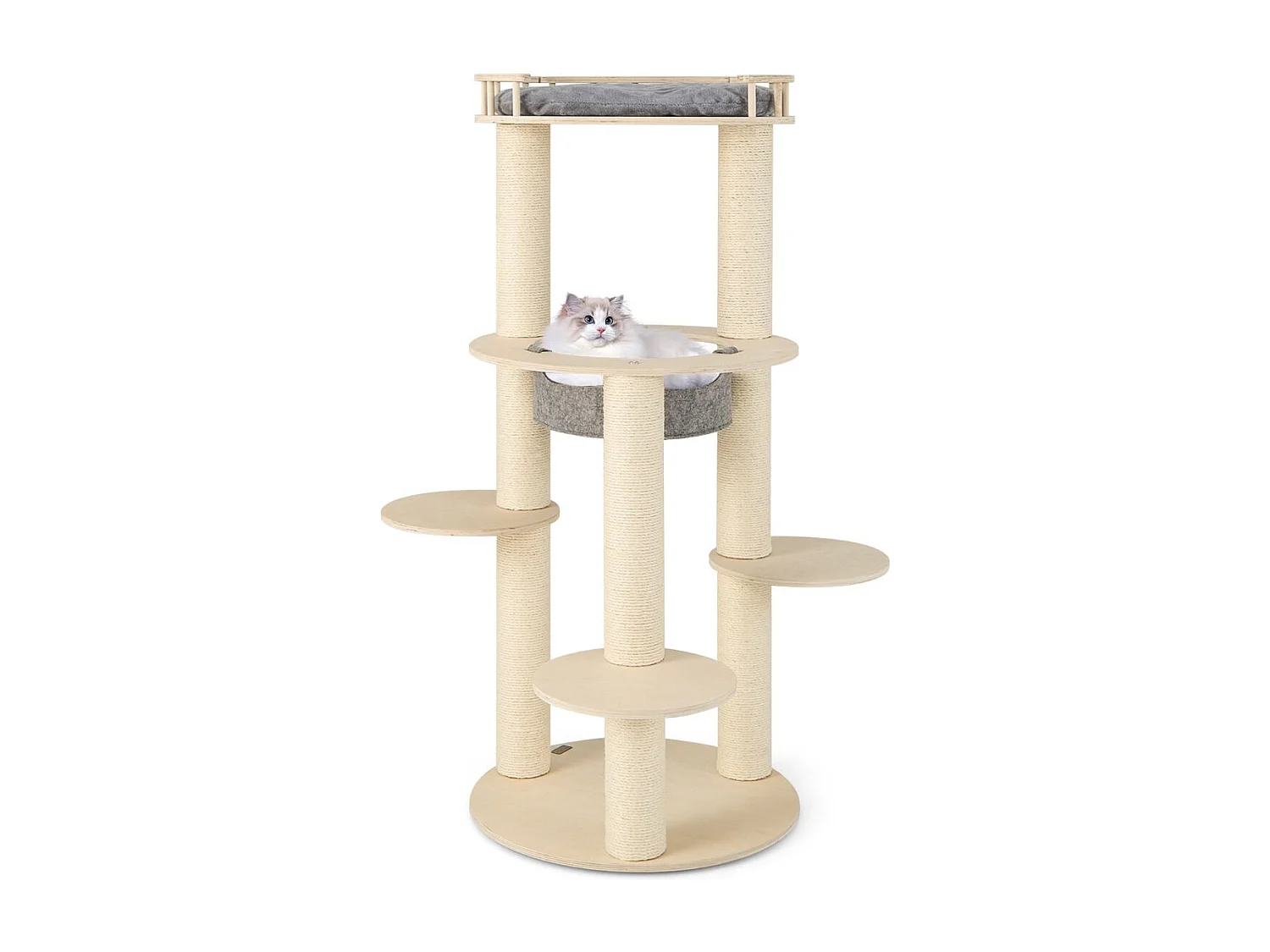 Albero per gatti in legno a 6 livelli, Torre per gatti con panchina imbottita amaca tiragraffi avvolto in sisal Grigio