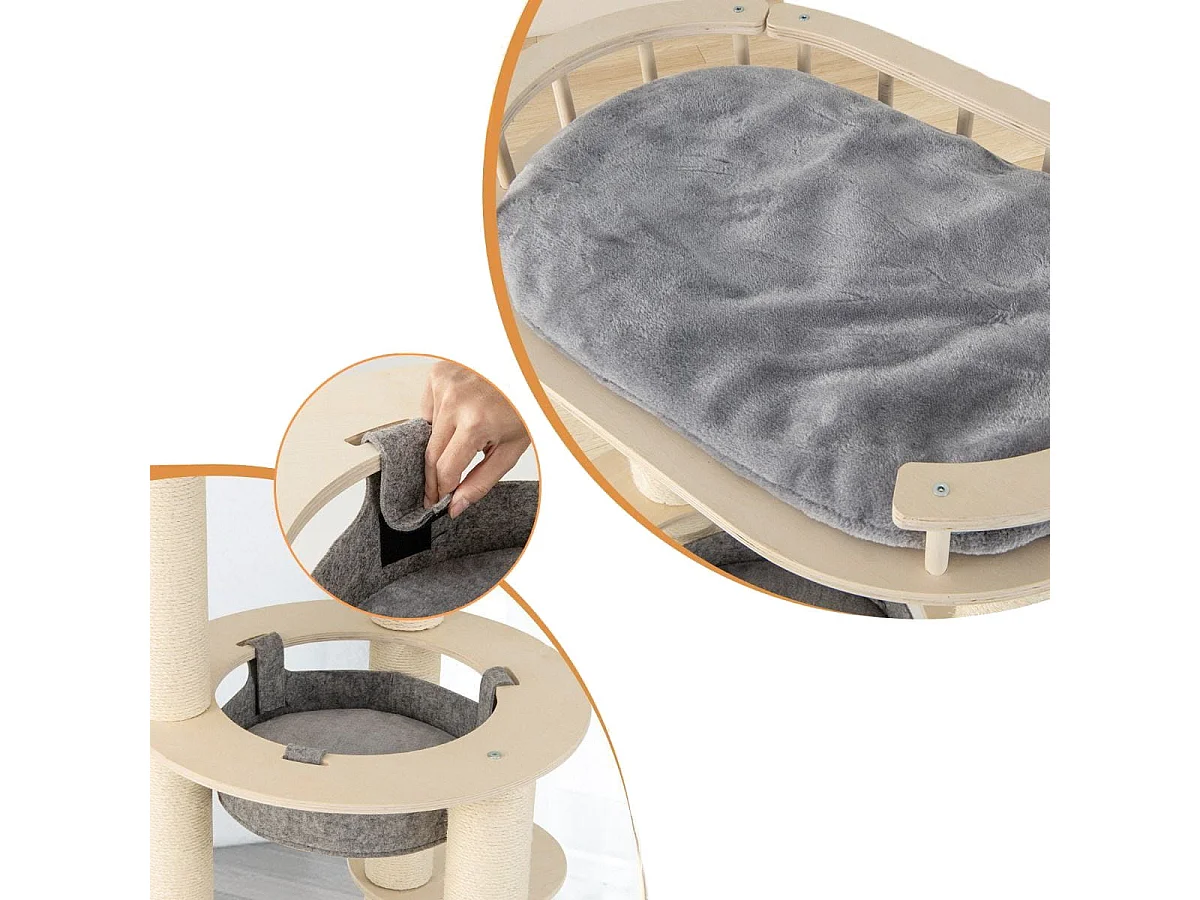 Albero per gatti in legno a 6 livelli, Torre per gatti con panchina imbottita amaca tiragraffi avvolto in sisal Grigio