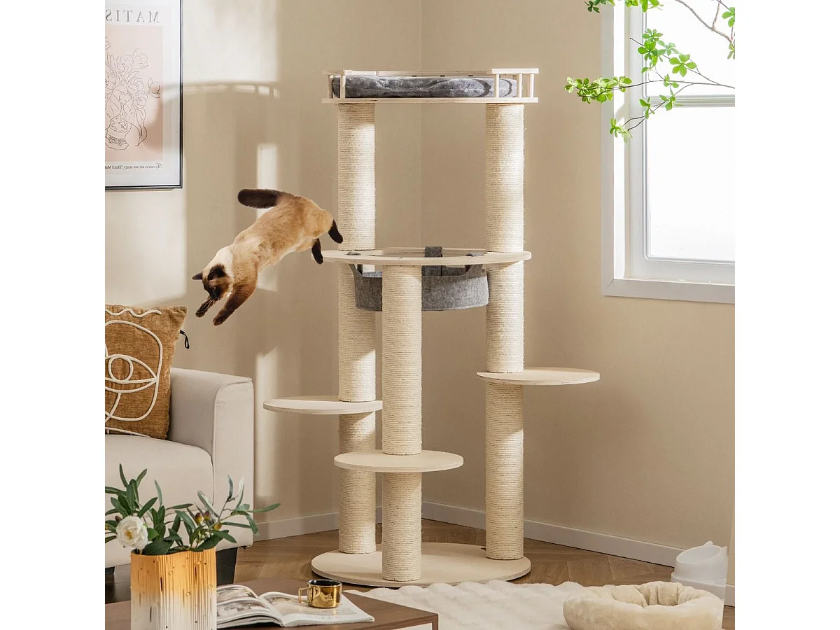 Albero per gatti in legno a 6 livelli, Torre per gatti con panchina imbottita amaca tiragraffi avvolto in sisal Grigio