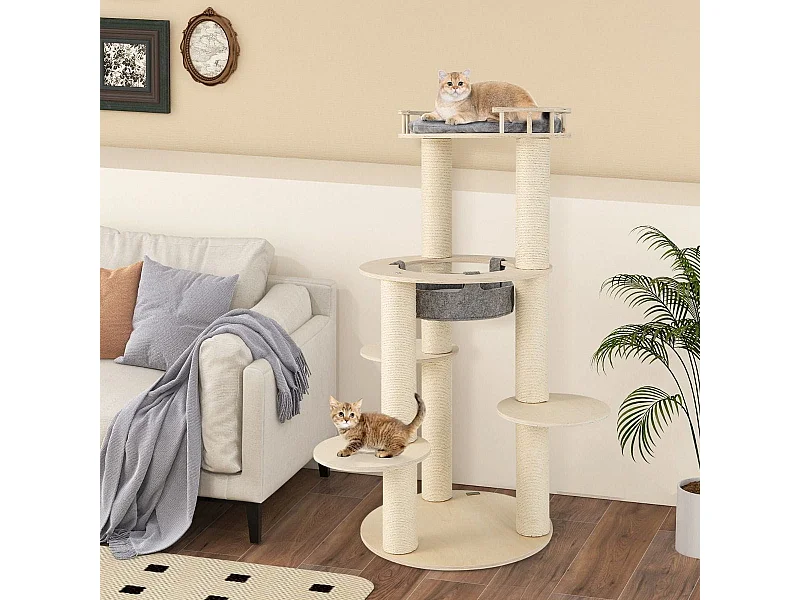 Albero per gatti in legno a 6 livelli, Torre per gatti con panchina imbottita amaca tiragraffi avvolto in sisal Grigio