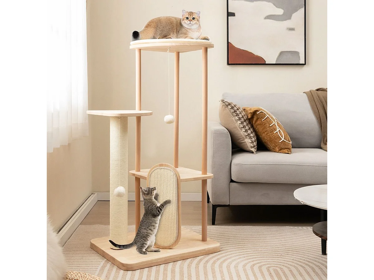 Kratzbaum aus Holz mehrstöckiger Katzenturm mit Kratzbrett Sisalpfosten gepolstertem Sitz 59 x 47 x 112 cm Beige