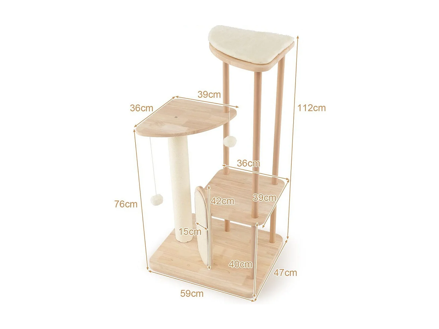 Kratzbaum aus Holz mehrstöckiger Katzenturm mit Kratzbrett Sisalpfosten gepolstertem Sitz 59 x 47 x 112 cm Beige