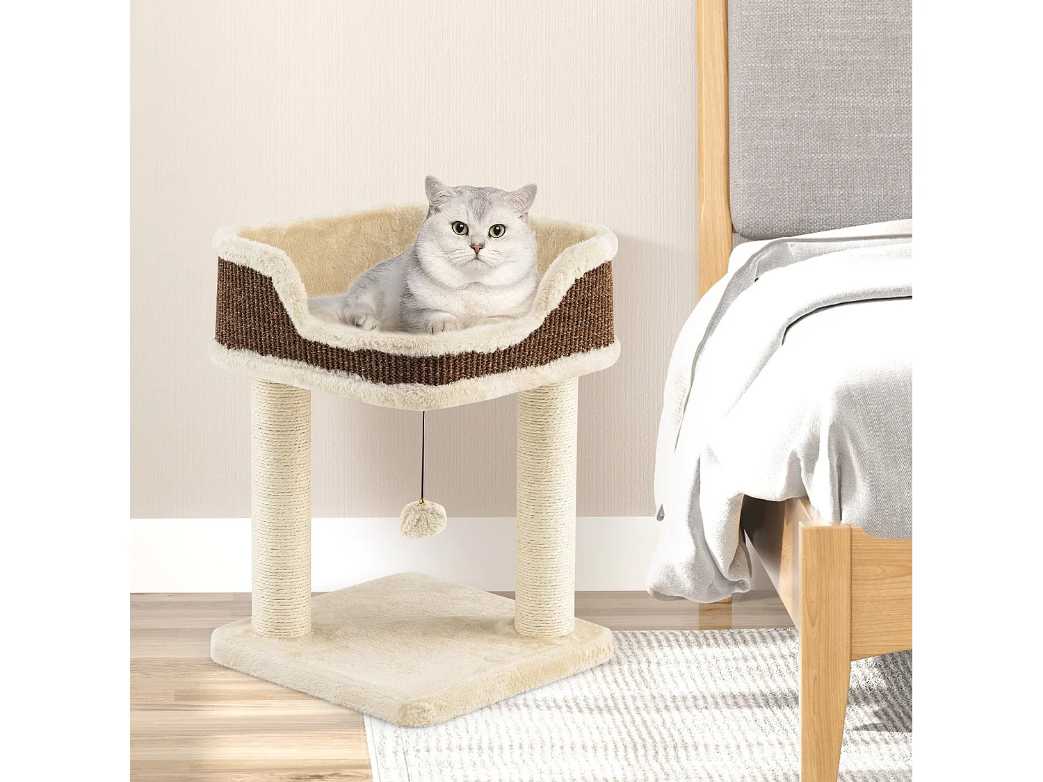 Klein Kratzbaum mit Plüschsitz & Ball & Sisal-Kratzsäulen Katzenbaum Katzenkratzbaum Beige