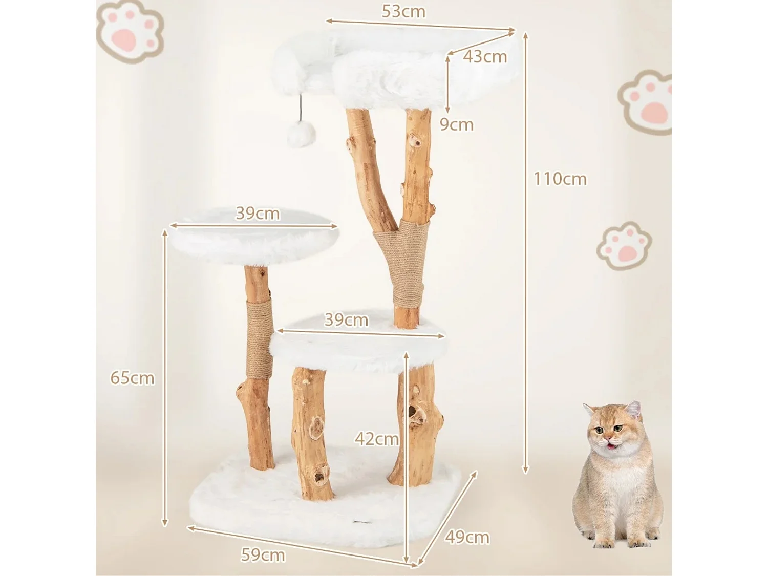 Arbre à Chat en Bois Massif Tour pour Chat en Bois avec Perchoir Poteaux à Gratter en Jute Naturelle Balle Suspendue Peluche Douce Blanc
