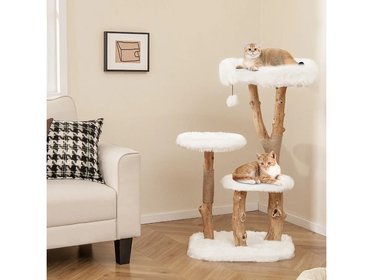 Arbre à Chat en Bois Massif Tour pour Chat en Bois avec Perchoir Poteaux à Gratter en Jute Naturelle Balle Suspendue Peluche Douce Blanc