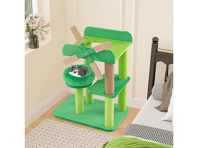 Kleiner Kratzbaum mit Liegefläche & Plattformen & Kratzsäule Katzenbaum in Windmühle Form