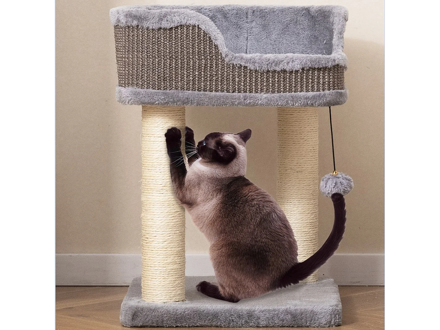 Kratzbaum Klein Katzenbaum mit großem Plüschsitz Katzenkratzbaum Holz Katzen Katzenmöbel Kletterbaum 38 x 38 x 51 cm Grau